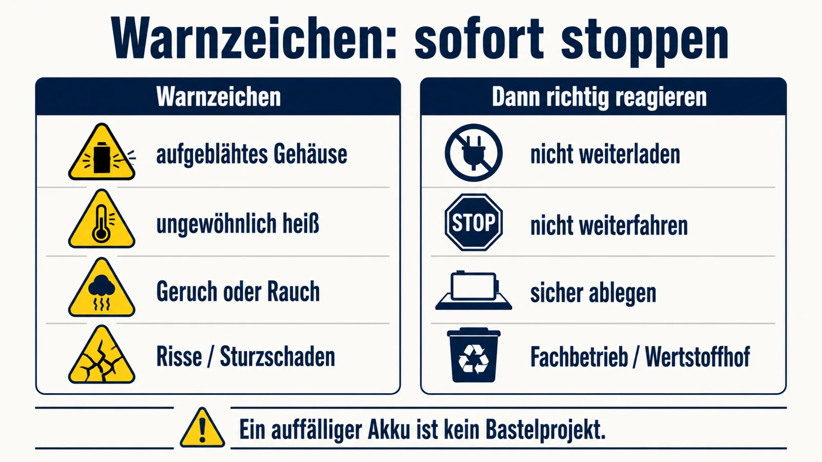 Infografik zu Warnzeichen bei E-Scooter-Akkus und richtigem Verhalten