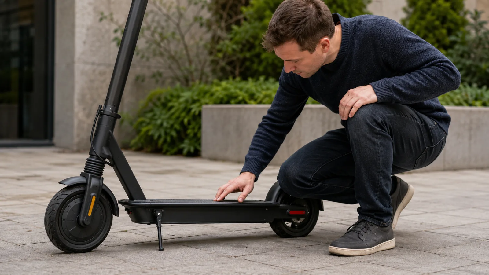 Mann kauert neben E-Scooter und tastet das Trittbrett mit dem Akku ab, um Schäden nach einem Stoß zu prüfen
