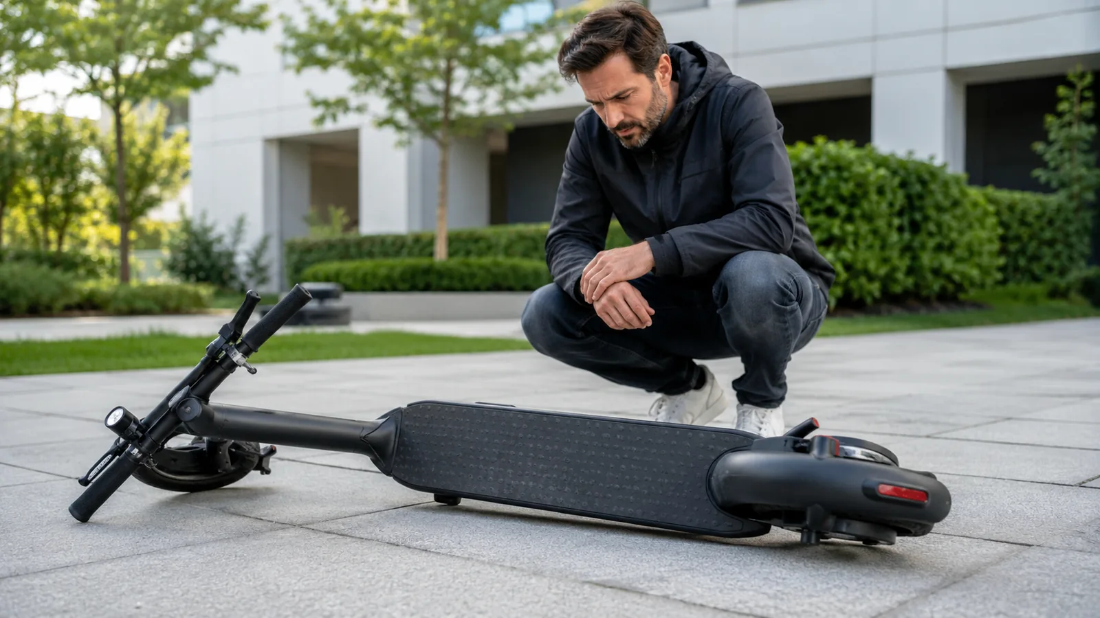 Umgestürzter E-Scooter auf dem Boden, Mann kauert daneben und begutachtet besorgt das Fahrzeug nach einem Sturz