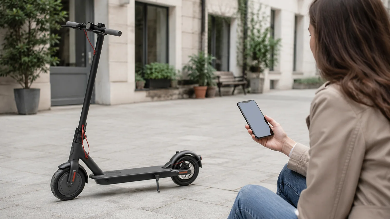 Person wartet mit Smartphone neben E-Scooter auf ruhigem Hof während der Aktivierung, leeres Display