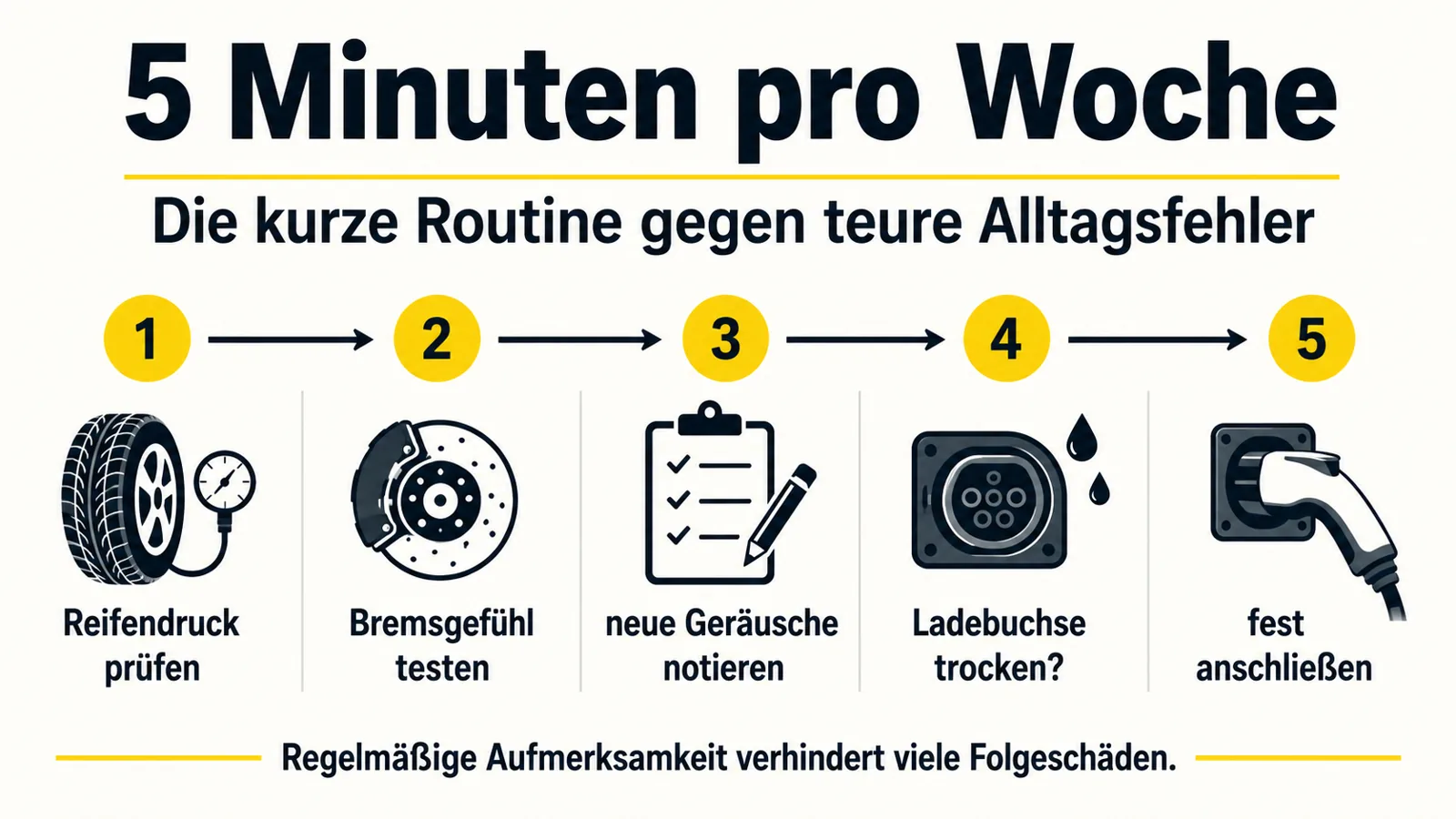 Infografik zur wöchentlichen 5-Minuten-Routine für E-Scooter-Prävention