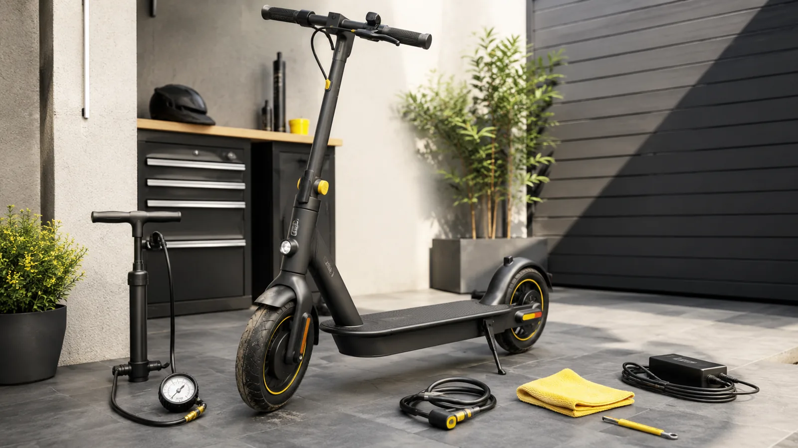 E-Scooter in heller Garage mit sichtbaren Alltagsspuren und Pflegezubehör