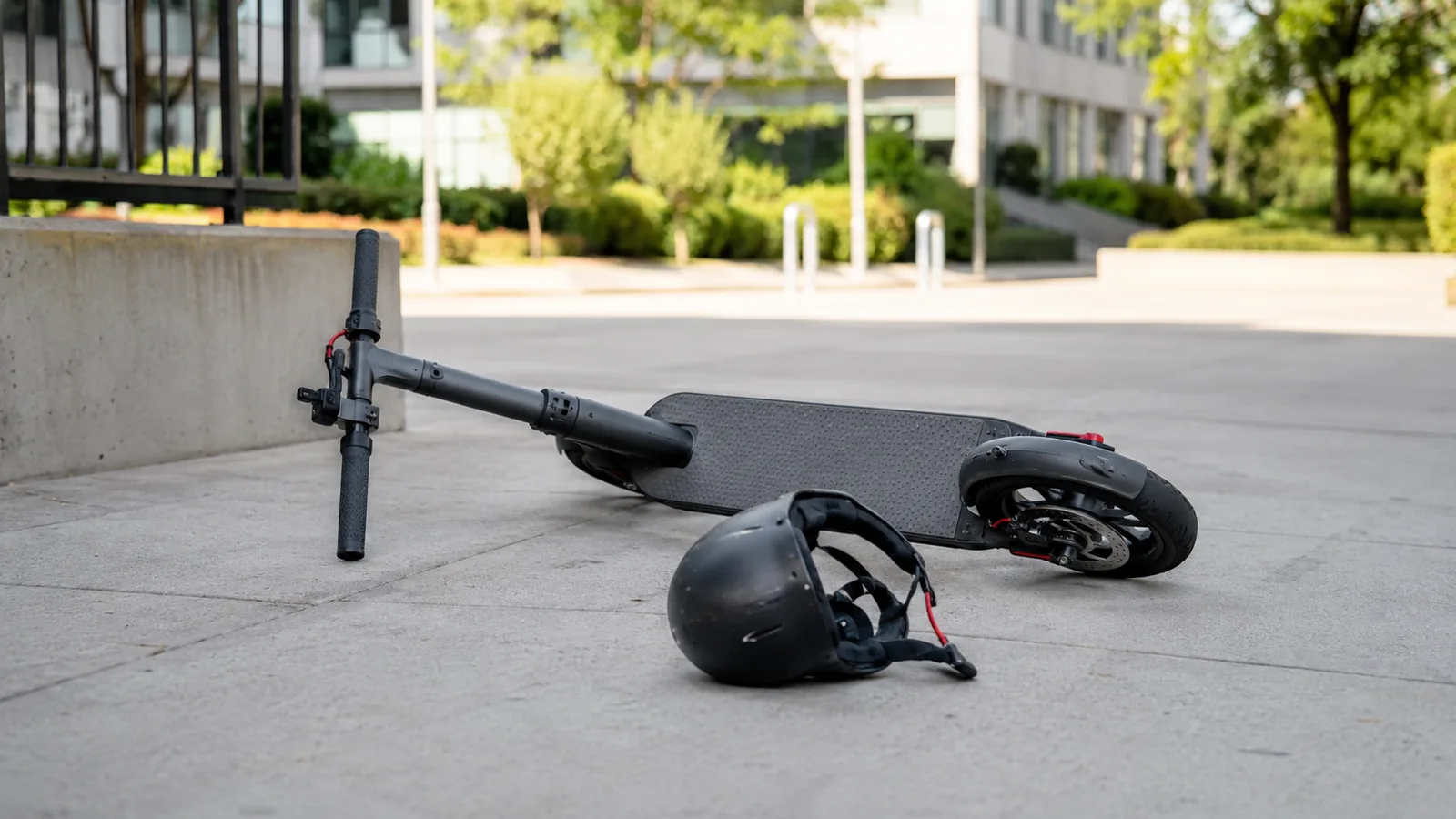 Umgelegter E-Scooter mit Helm auf gepflastertem Weg vor einem Gebäude