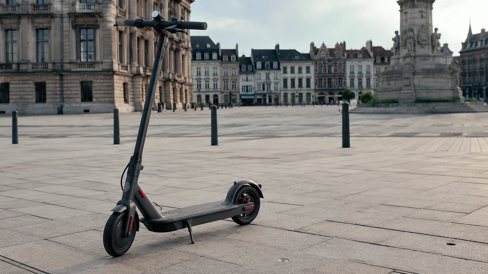 Markenloser E-Scooter auf neutraler Stadt- und Testfläche mit belgischer Anmutung