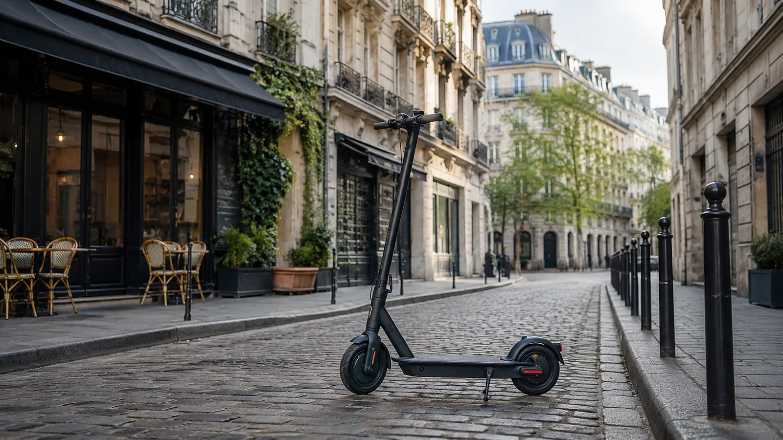 E-Scooter in europäischer Stadtumgebung mit belgisch-französischer Anmutung