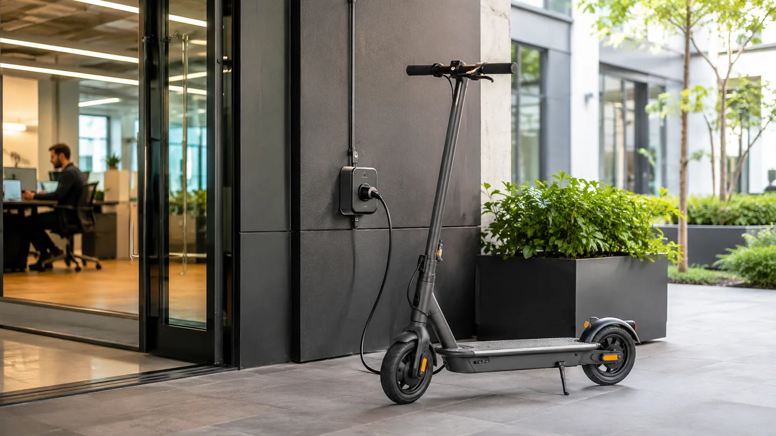 E-Scooter lädt an einer Wandsteckdose vor einem Bürogebäude im Alltag