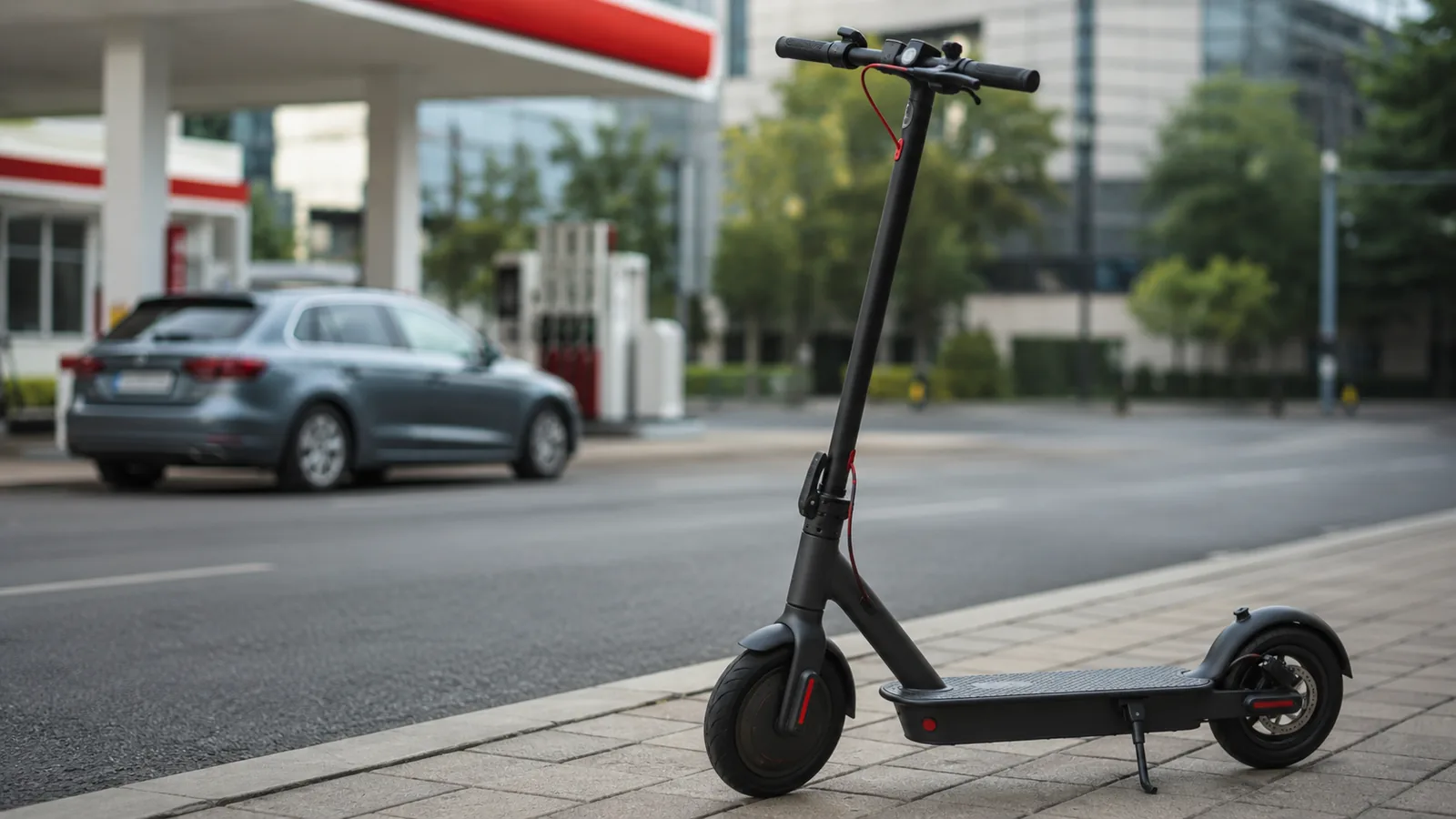 E-Scooter am Straßenrand mit Auto und Tankstelle unscharf im Hintergrund als Kontrast
