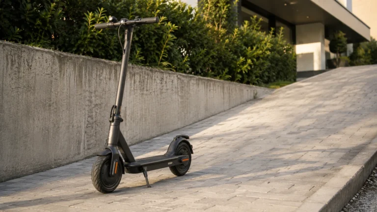E-Scooter auf leicht ansteigender gepflasterter Hofzufahrt, angedeutete Beschleunigungssituation