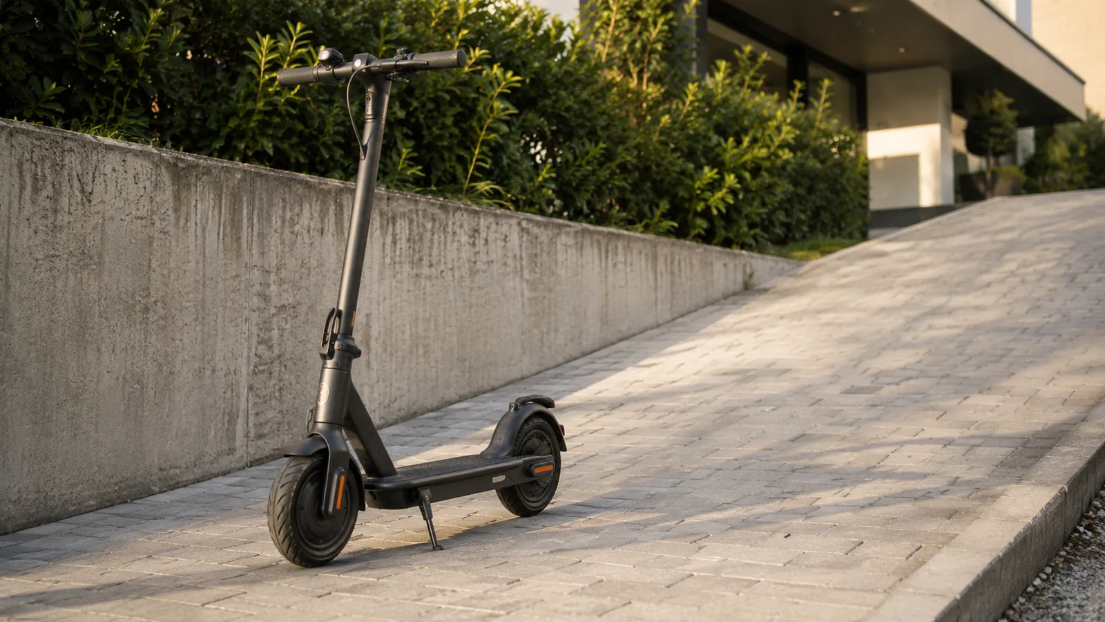 E-Scooter auf leicht ansteigender gepflasterter Hofzufahrt, angedeutete Beschleunigungssituation