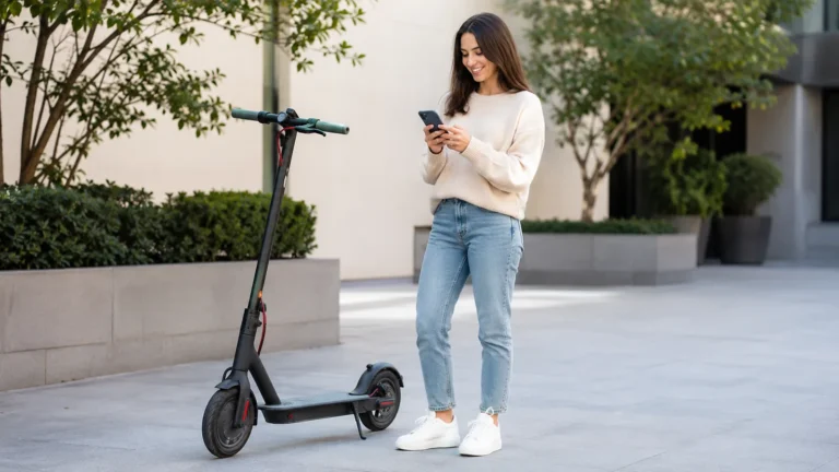 Junge Frau bedient ihr Smartphone neben einem geparkten schwarzen E-Scooter auf hellem Platz
