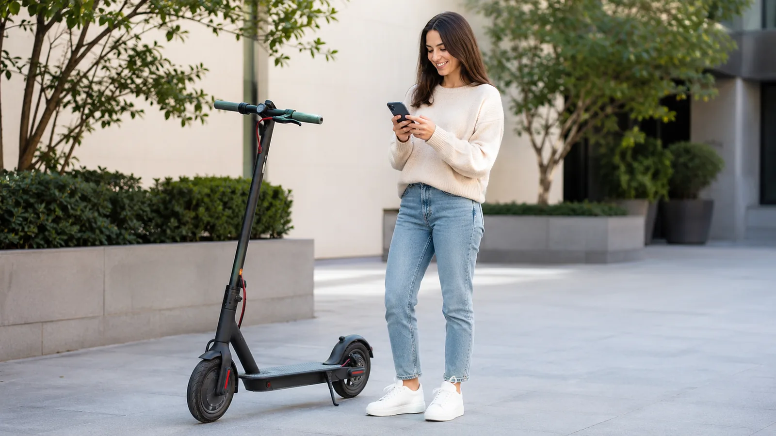 Junge Frau bedient ihr Smartphone neben einem geparkten schwarzen E-Scooter auf hellem Platz
