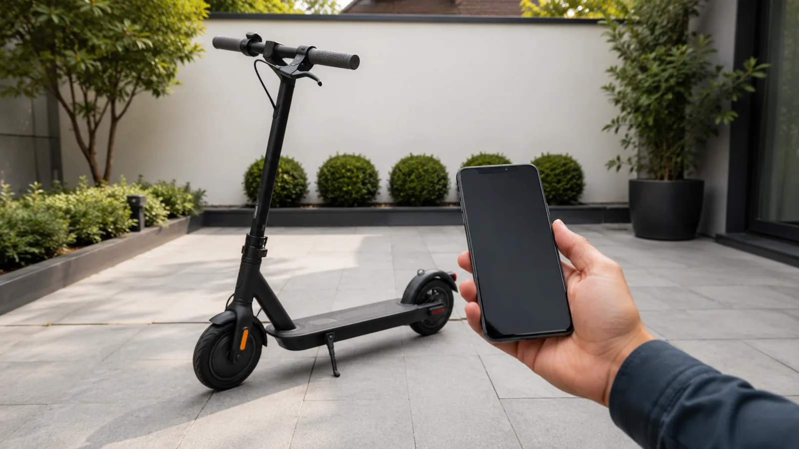 Schwarzer E-Scooter auf gefliestem Hof, im Vordergrund eine Hand mit Smartphone zur neutralen Auswahl der passenden Performance-Lösung