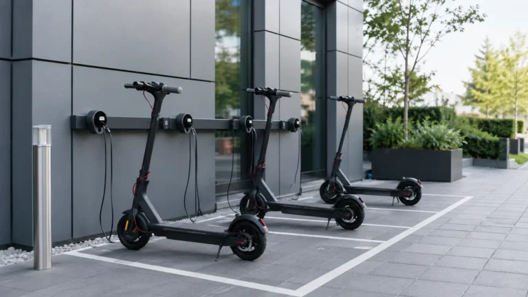 Drei E-Scooter laden an einer Wandladestation auf markierten Stellflächen vor einem Gebäude