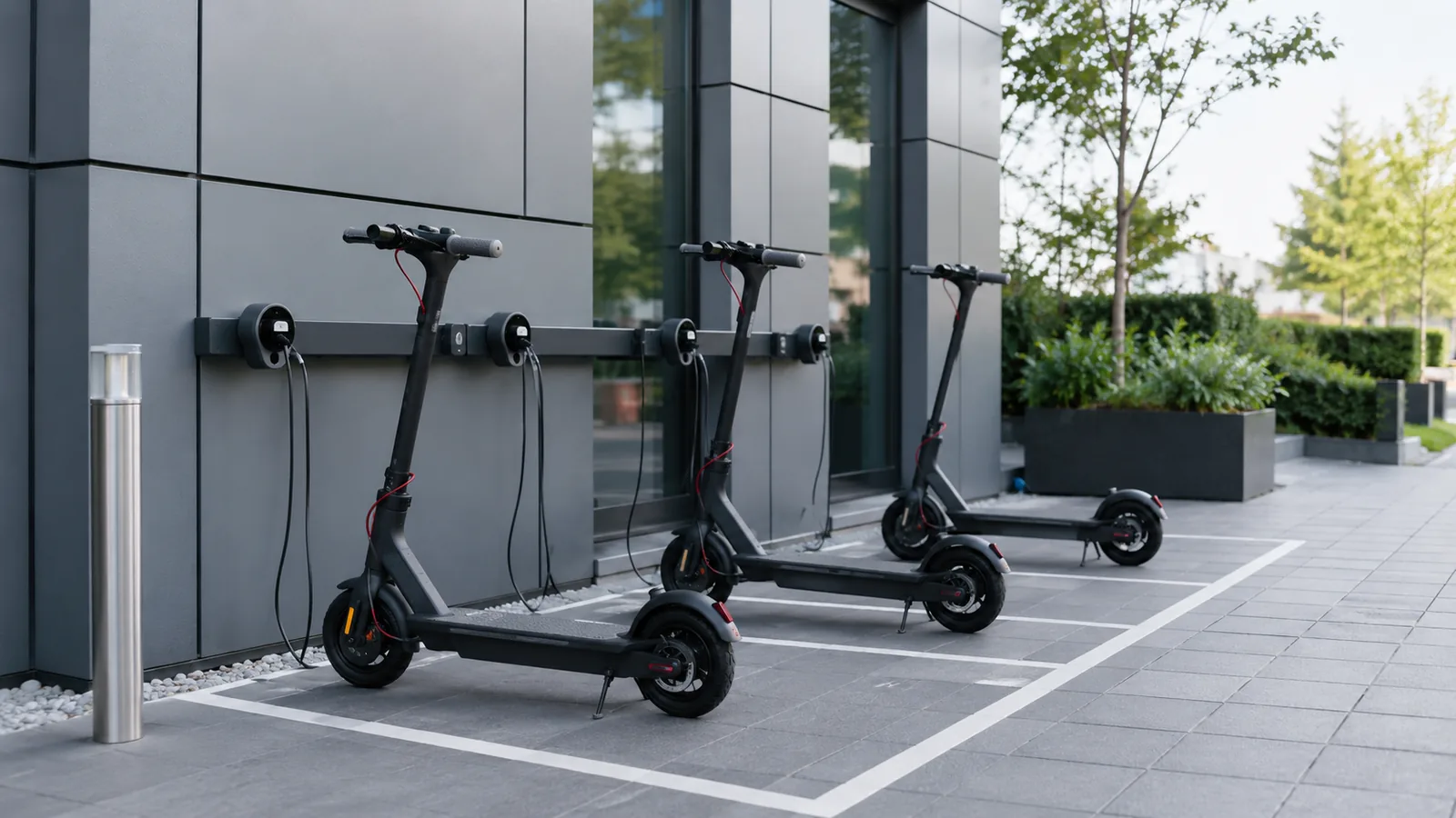 Drei E-Scooter laden an einer Wandladestation auf markierten Stellflächen vor einem Gebäude