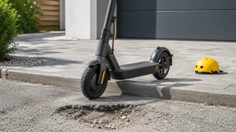 E-Scooter vor Bordsteinkante und Schlagloch auf privater Fläche
