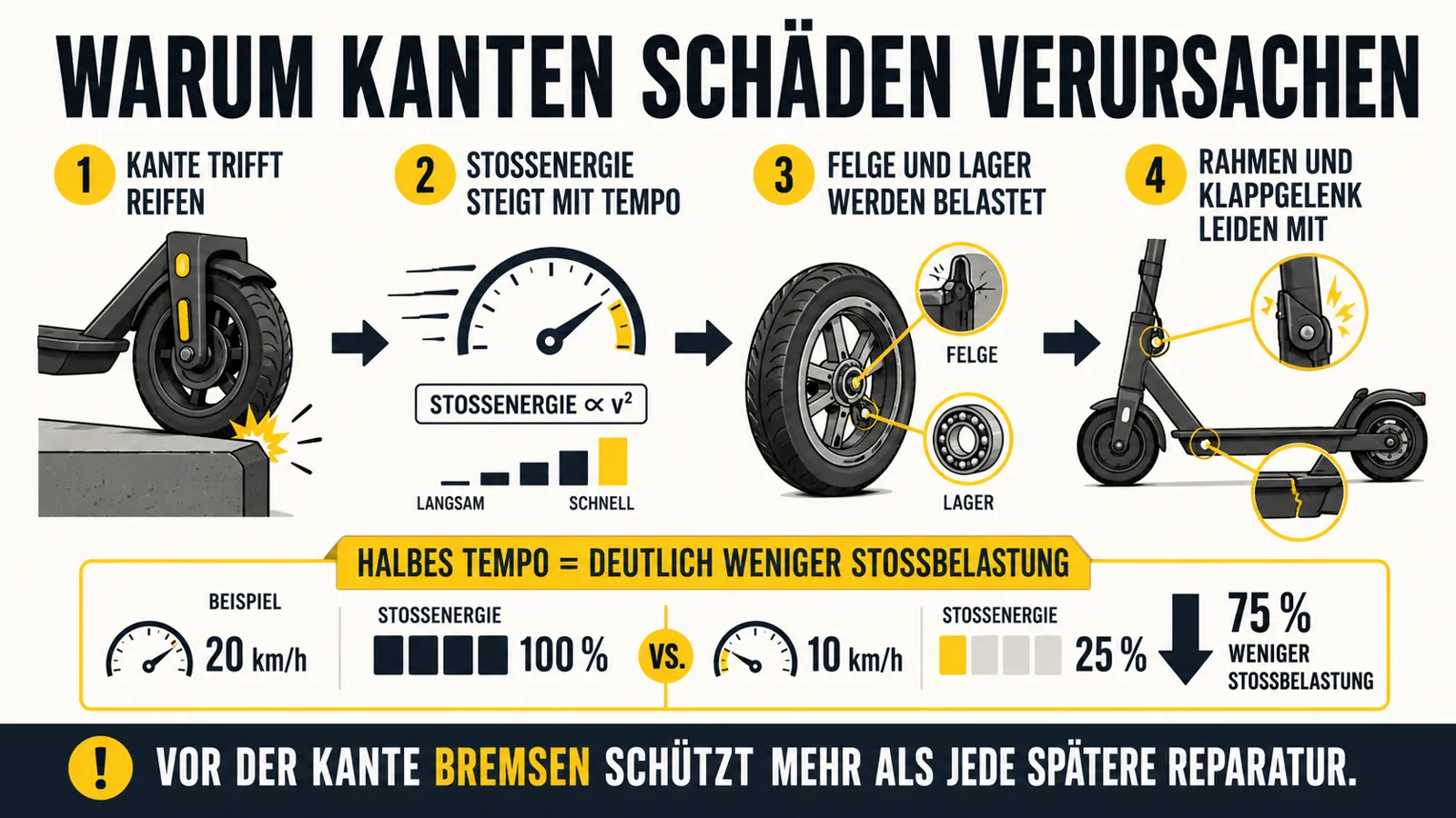 Infografik zur Stoßenergie bei Bordsteinen und Schlaglöchern am E-Scooter