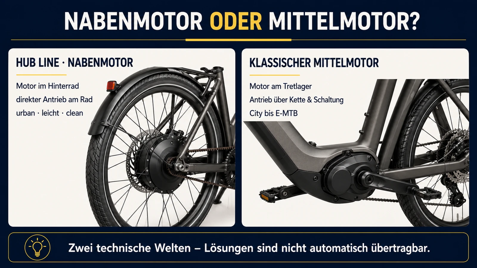 Infografik Nabenmotor der Hub Line im Vergleich zum klassischen Mittelmotor