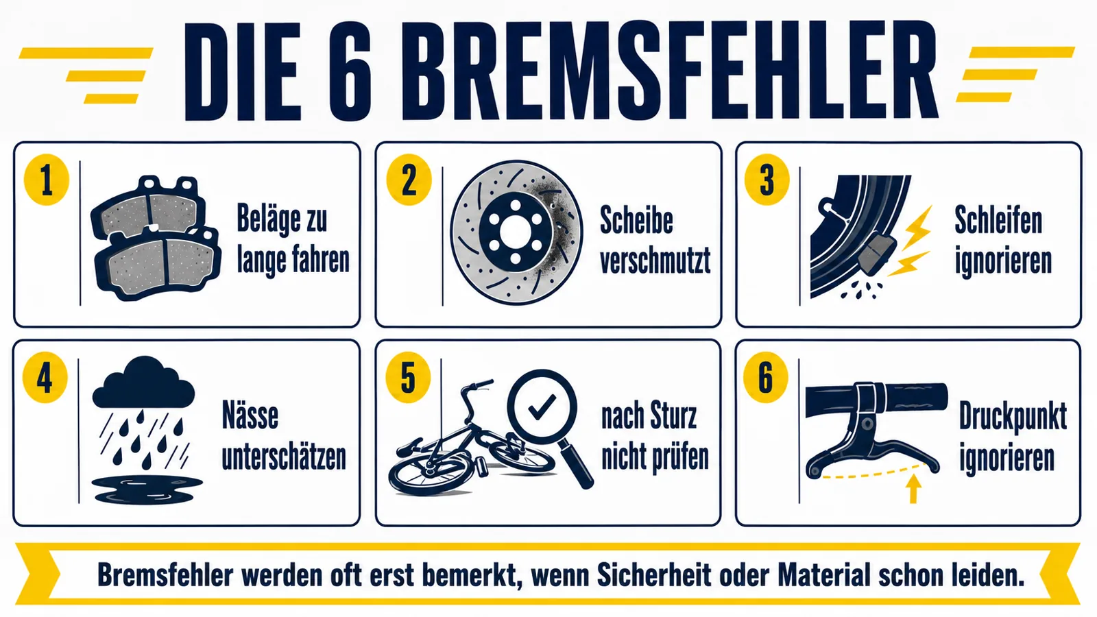 Infografik zu sechs häufigen Bremsfehlern bei E-Scooter und E-Bike
