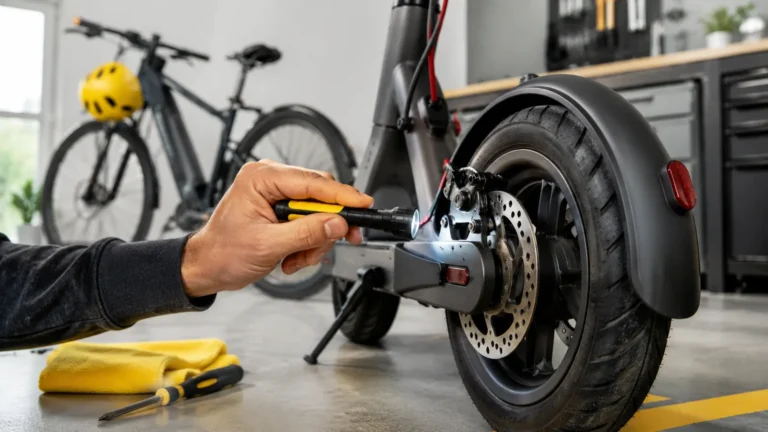 E-Scooter Bremsscheibe und Bremsbeläge werden in heller Werkstatt geprüft