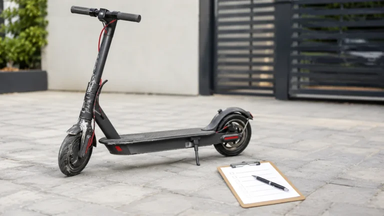 E-Scooter mit Schäden neben Klemmbrett mit Checkliste und Stift zur Schadensprüfung