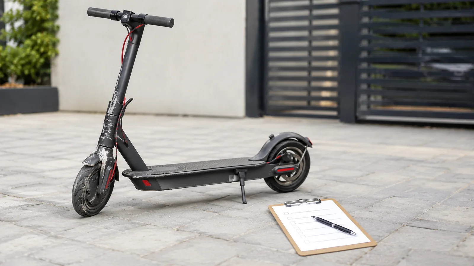 E-Scooter mit Schäden neben Klemmbrett mit Checkliste und Stift zur Schadensprüfung
