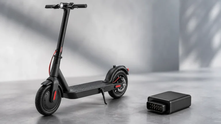 E-Scooter mit kleinem neutralem Chip-Modul daneben