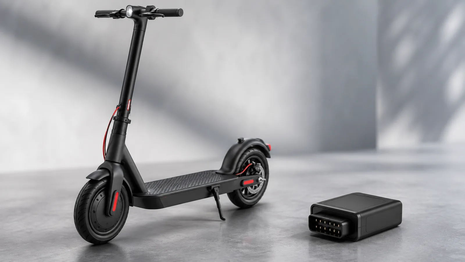 E-Scooter mit kleinem neutralem Chip-Modul daneben