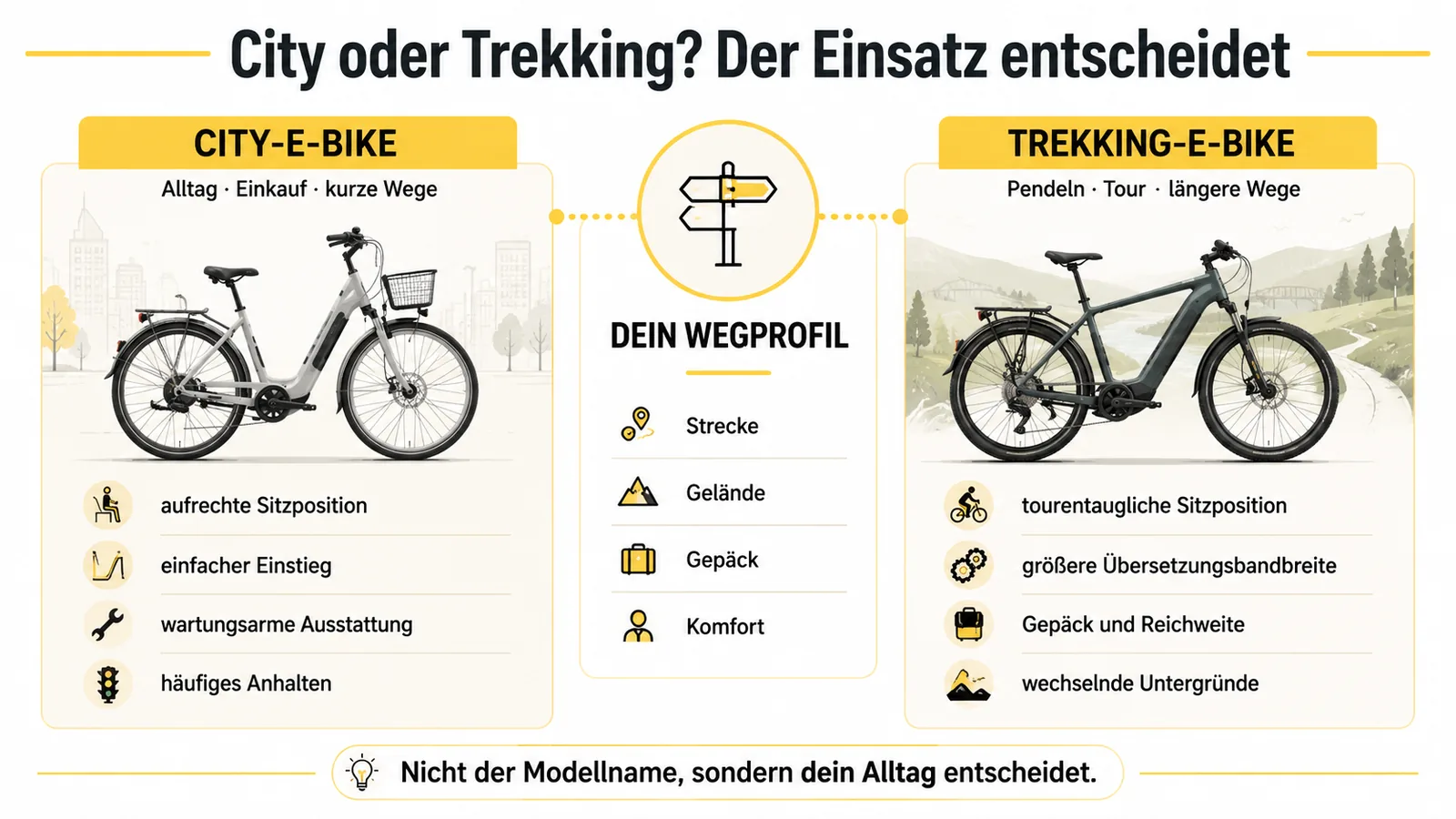 Vergleich von City-E-Bike und Trekking-E-Bike anhand von Alltag, Strecke, Gepäck und Sitzposition