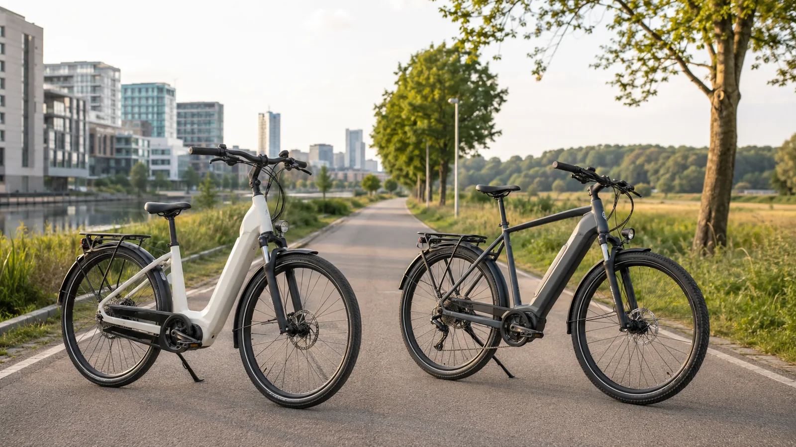 City-E-Bike und Trekking-E-Bike auf einem Radweg am Übergang zwischen Stadt und Landschaft