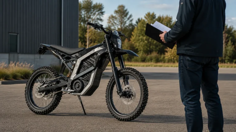 Elektrische Enduro mit Fahrzeugunterlagen als Beispiel für COC-Papiere beim Kauf