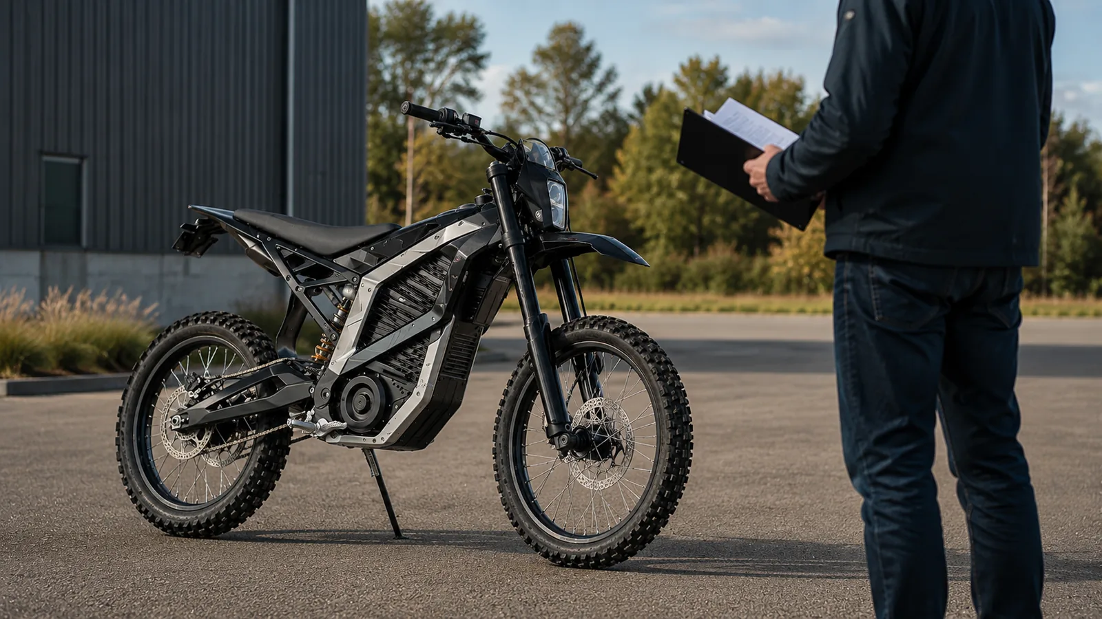 Elektrische Enduro mit Fahrzeugunterlagen als Beispiel für COC-Papiere beim Kauf