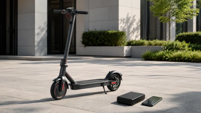 E-Scooter mit geschlossenem Controller-Modul daneben auf Steinplattenhof, neutraler Erklärcharakter