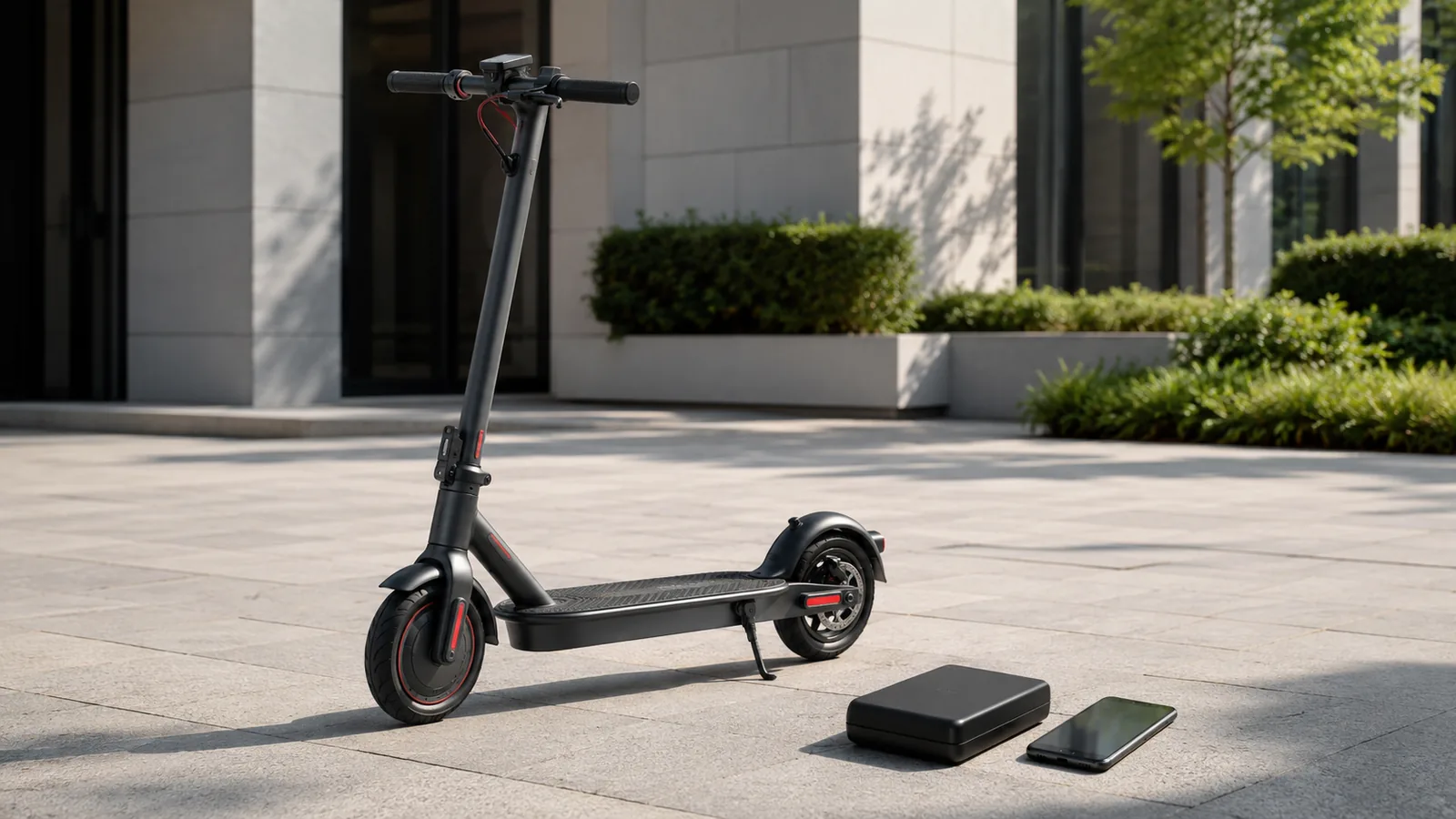 E-Scooter mit geschlossenem Controller-Modul daneben auf Steinplattenhof, neutraler Erklärcharakter