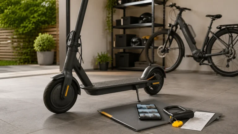 E-Scooter mit Smartphone Kaufbeleg und Dokumentenmappe zur Diebstahl-Beweissicherung