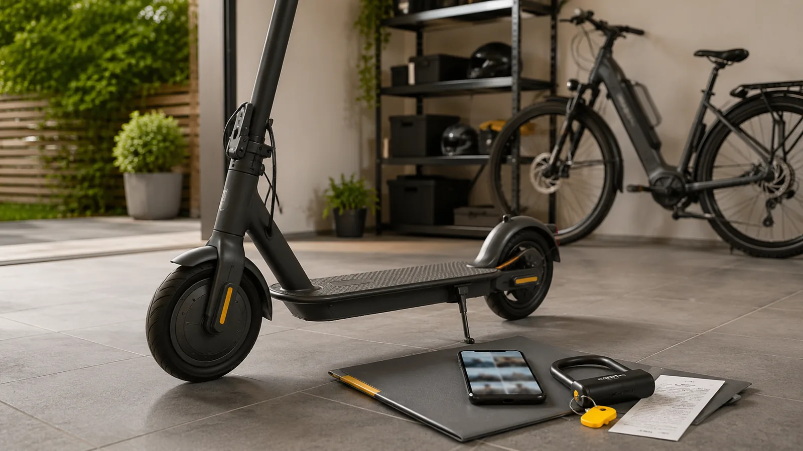 E-Scooter mit Smartphone Kaufbeleg und Dokumentenmappe zur Diebstahl-Beweissicherung