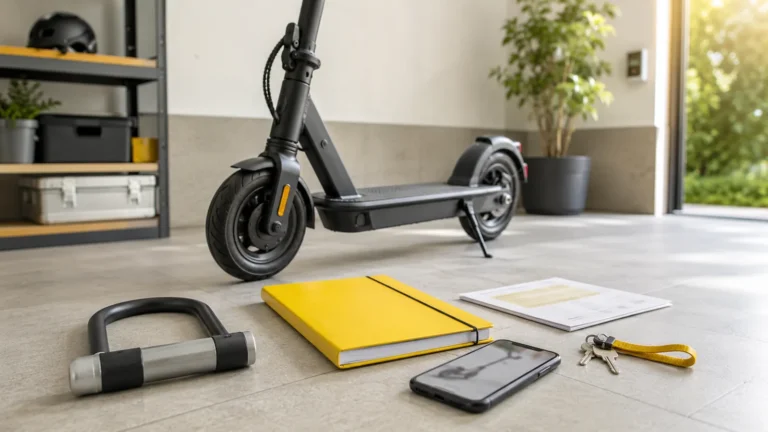 E-Scooter mit Schloss Dokumentenmappe Smartphone und Versicherungsunterlagen zur Diebstahlabsicherung