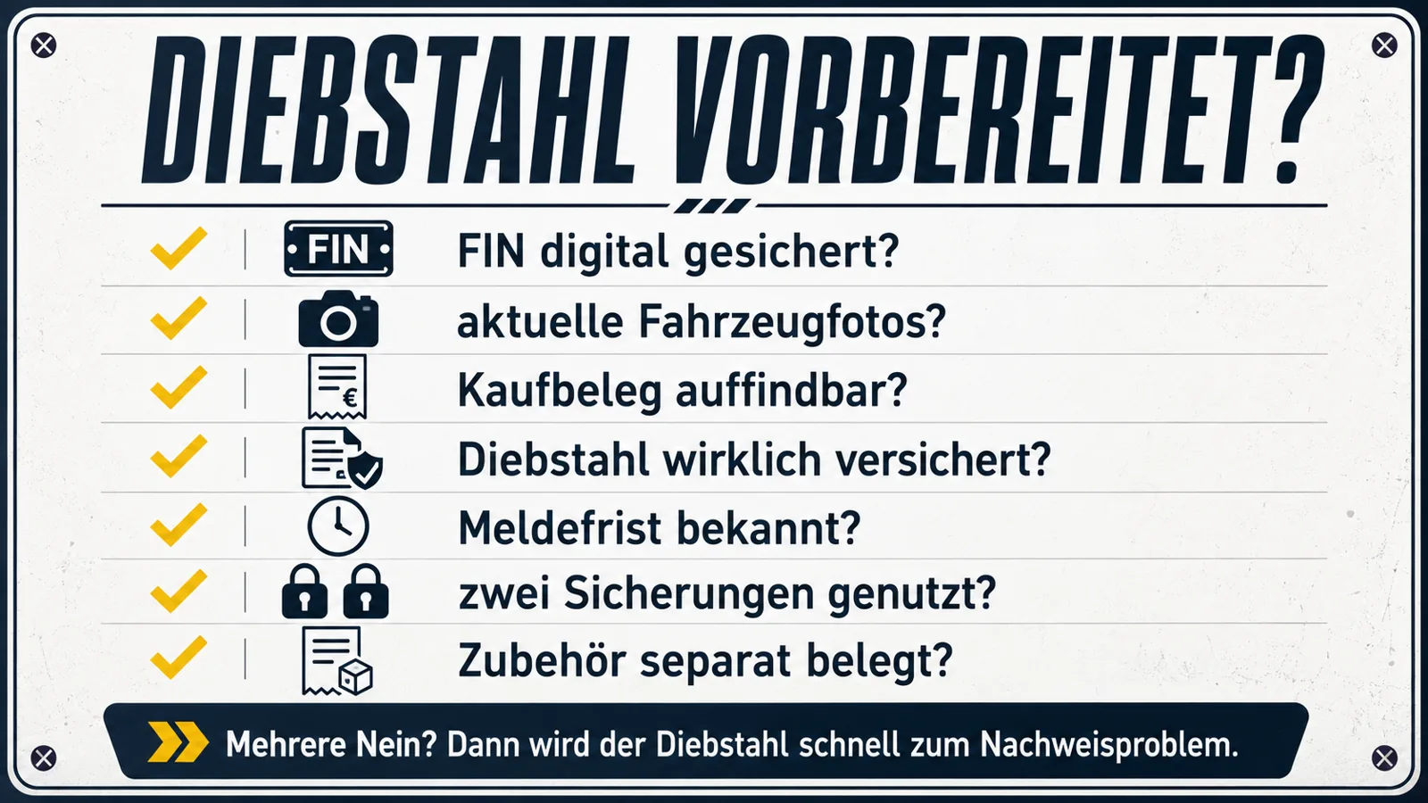 Selbstcheck zur Vorbereitung auf E-Scooter-Diebstahl mit FIN Fotos Versicherung und Sicherung