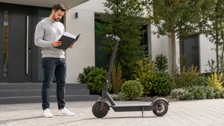 Mann liest Unterlagen in einer Mappe neben schwarzem E-Scooter auf sauberem Hof, Dokumentation beim Verkauf