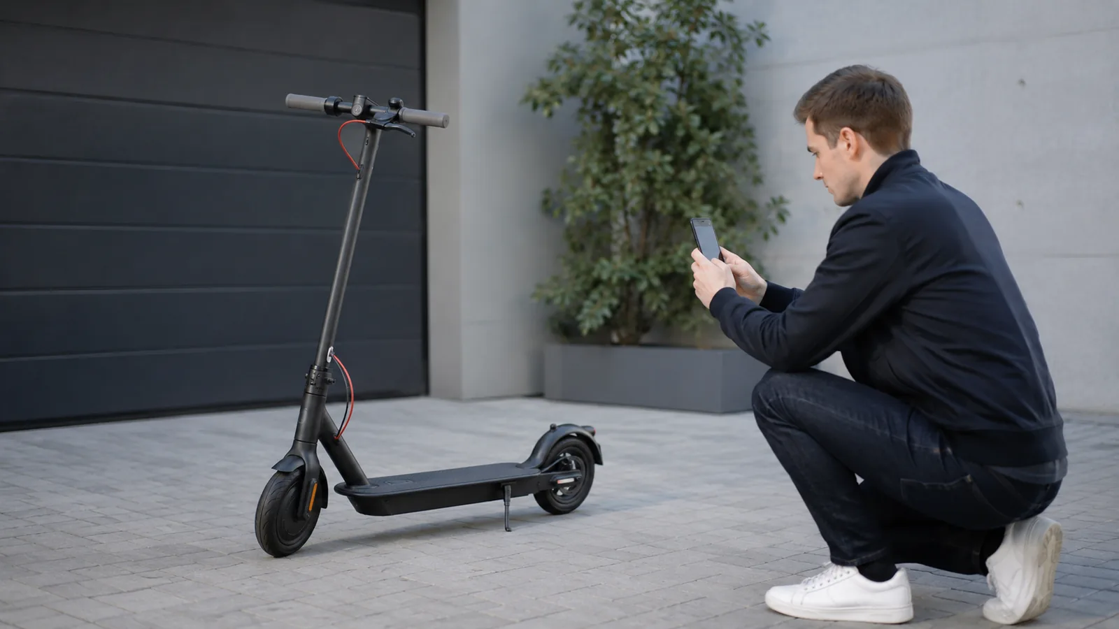 Mann fotografiert mit dem Smartphone einen abgestellten E-Scooter vor einem Garagentor