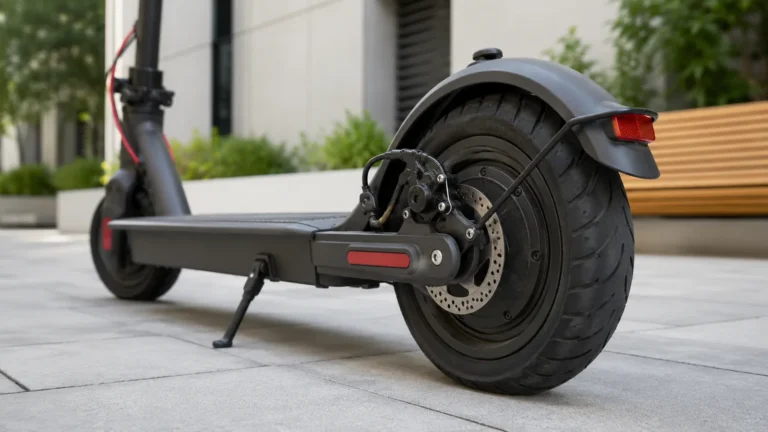 Nahaufnahme von Hinterrad, Nabenmotor und Scheibenbremse eines E-Scooters als technischer Vergleich von Drehmoment und Geschwindigkeit