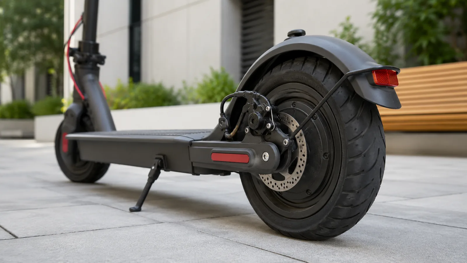 Nahaufnahme von Hinterrad, Nabenmotor und Scheibenbremse eines E-Scooters als technischer Vergleich von Drehmoment und Geschwindigkeit