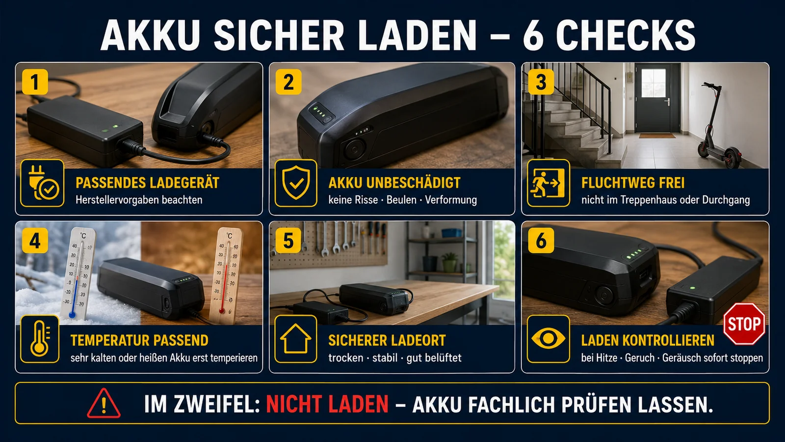 Infografik sechs Sicherheits-Checks zum Laden des E-Bike- und E-Scooter-Akkus