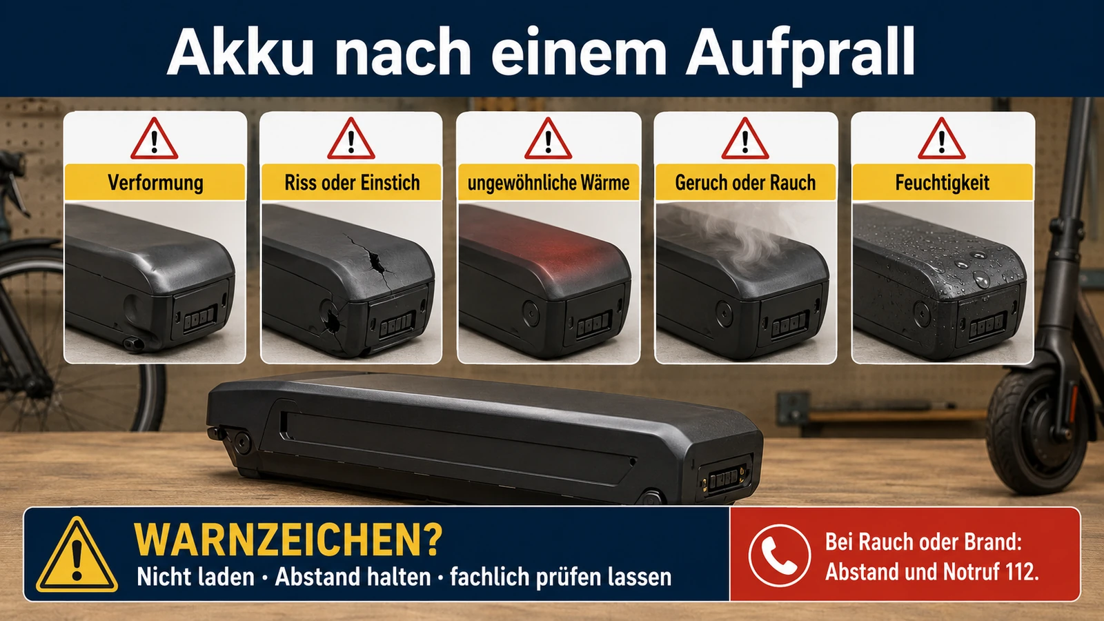 Infografik Akku-Warnzeichen nach einem Aufprall