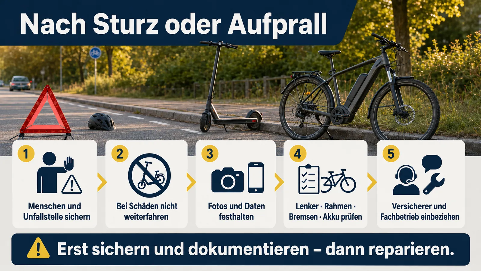 Infografik erste Schritte nach Sturz oder Aufprall mit E-Bike oder E-Scooter