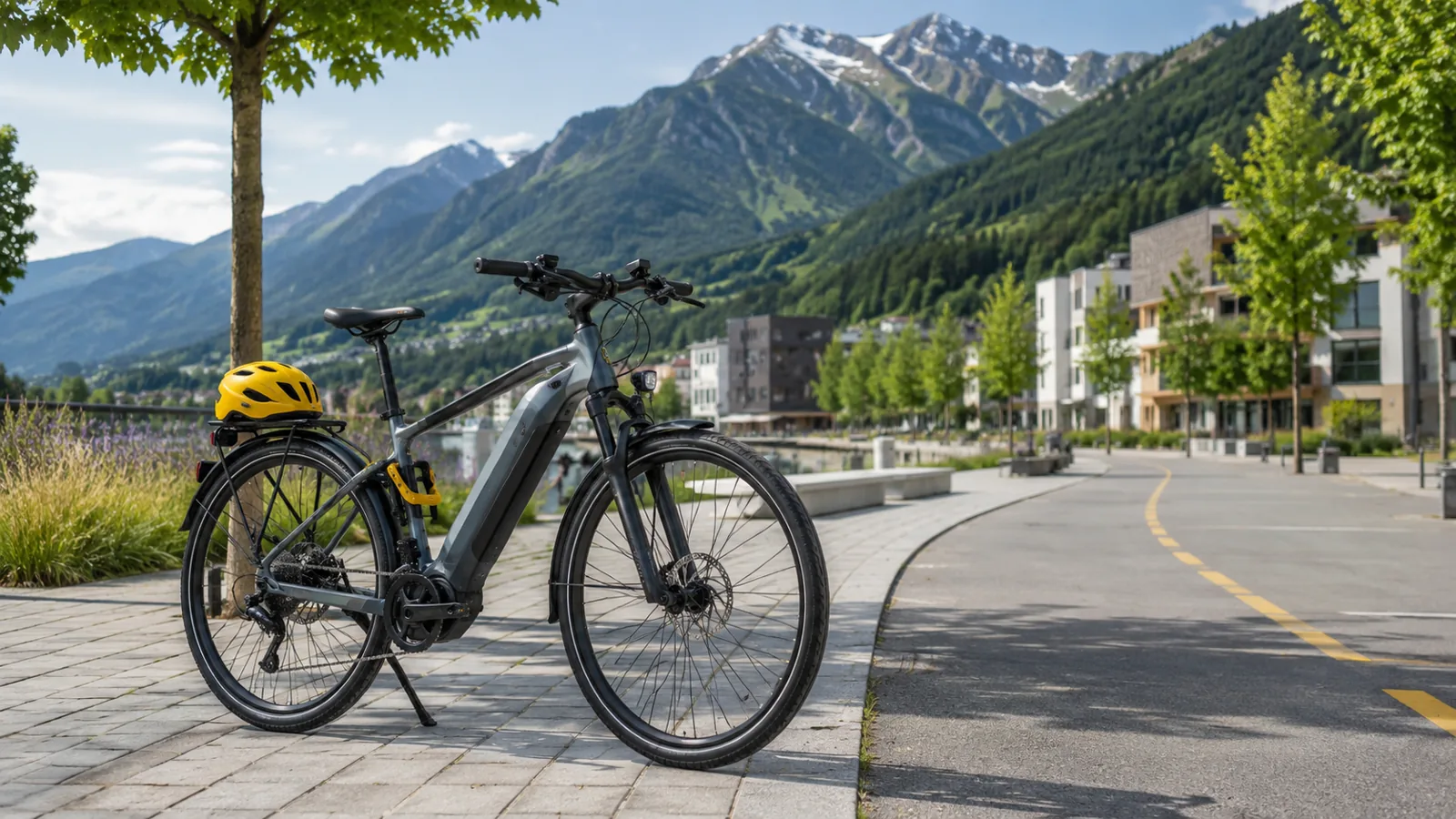 E-Bike auf Radweg im Alpenraum Liechtenstein mit Stadt und Bergen im Hintergrund
