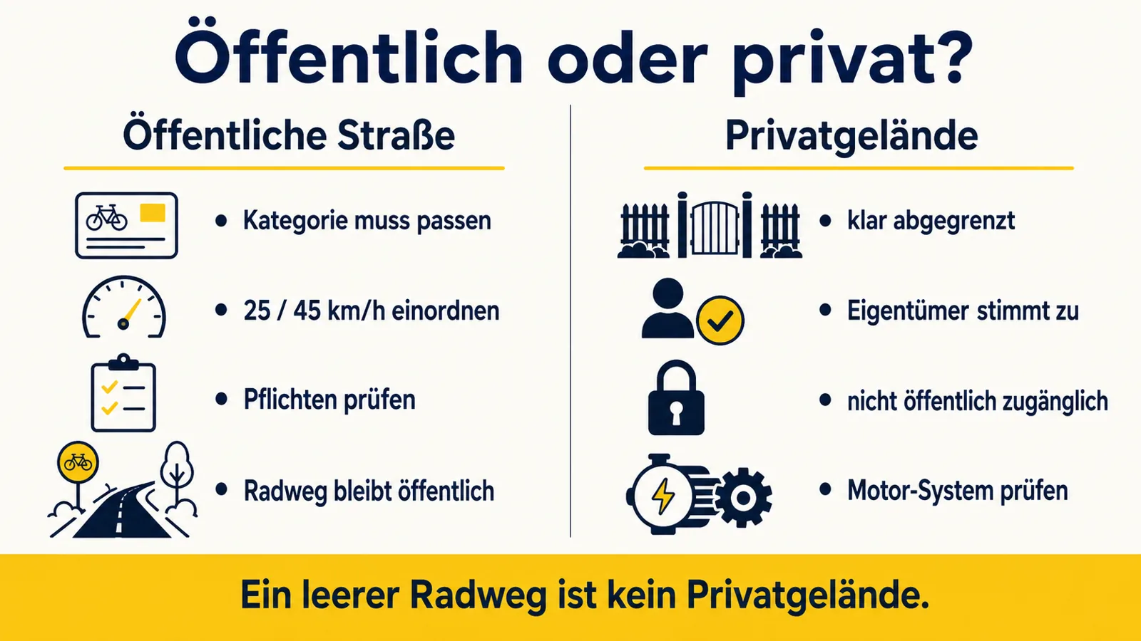 Infografik zur Trennung von öffentlicher Straße und Privatgelände beim E-Bike Tuning in Liechtenstein