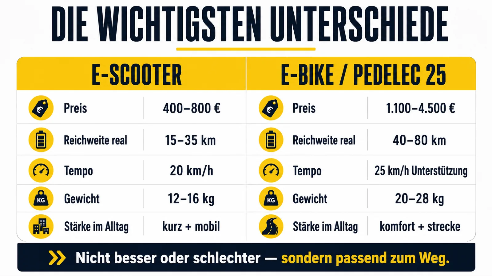 Infografik mit den wichtigsten Unterschieden zwischen E-Bike und E-Scooter