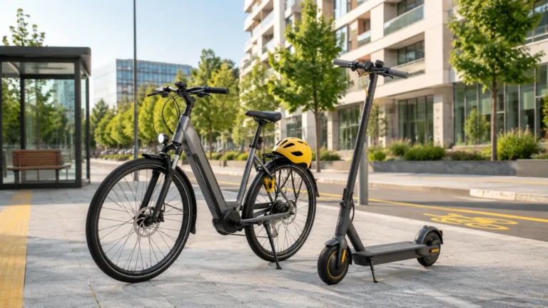 E-Bike und E-Scooter stehen nebeneinander in einer hellen Stadtumgebung als Kaufvergleich