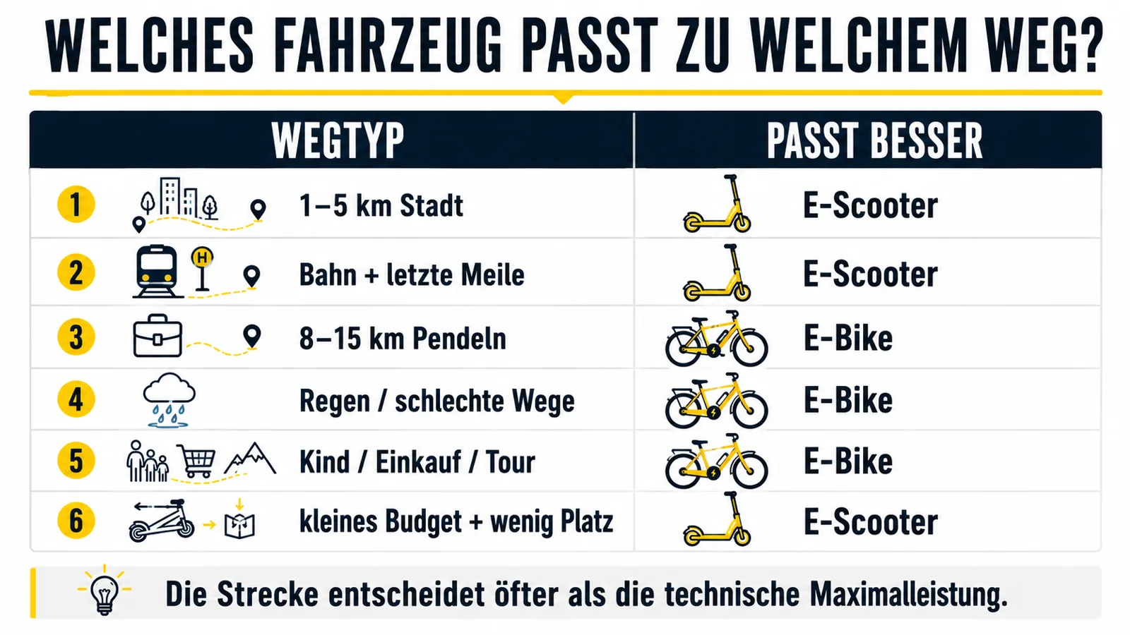 Infografik zur Wahl zwischen E-Bike und E-Scooter nach Wegtyp