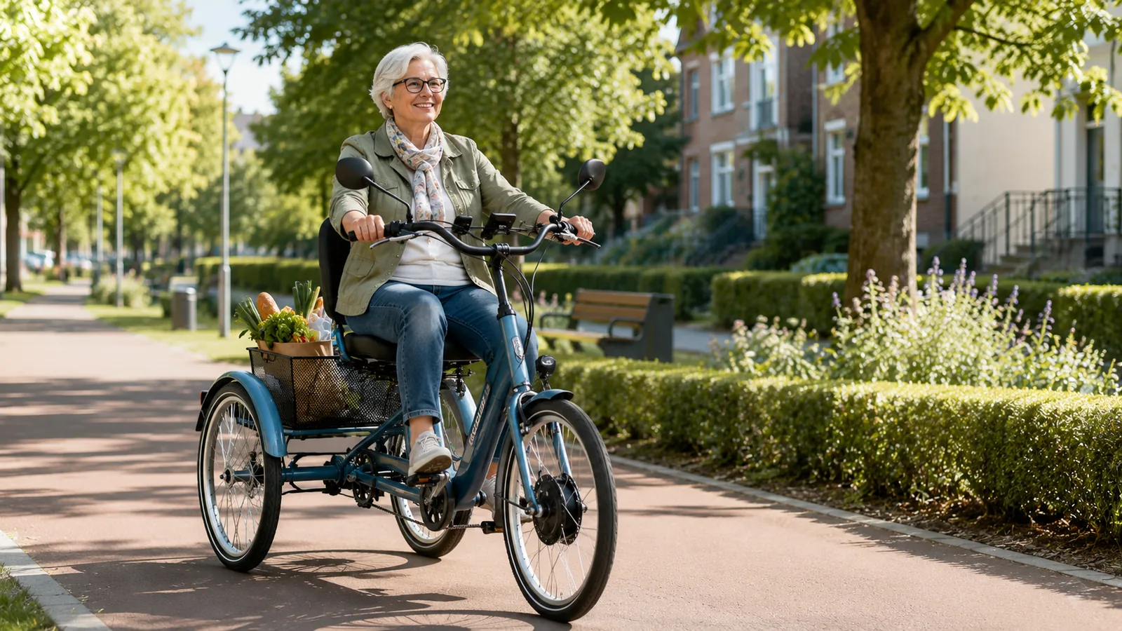 Ältere Person fährt selbstständig ein elektrisches Komfortdreirad mit Einkaufskorb auf einem breiten Radweg